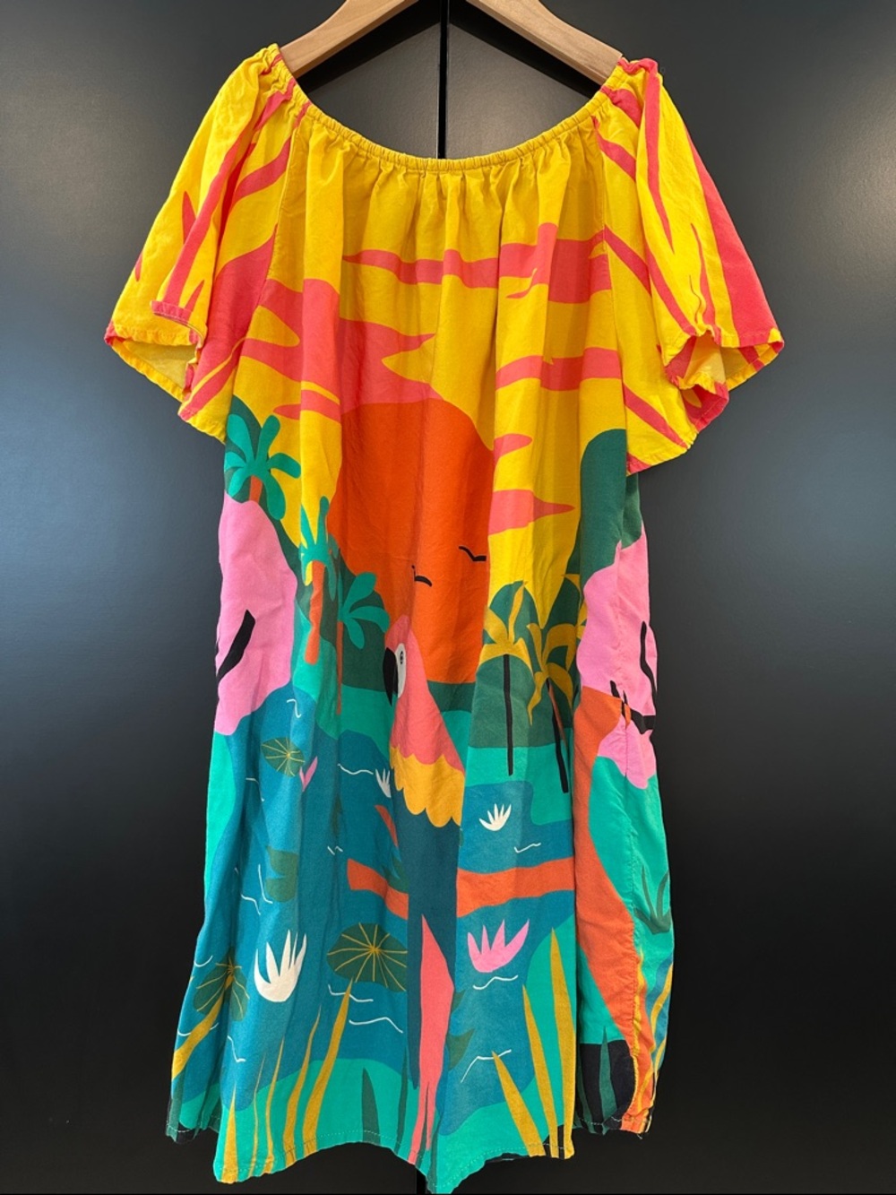 Fabula Bright Tropical Flamingo Flutter Sleeve Dress